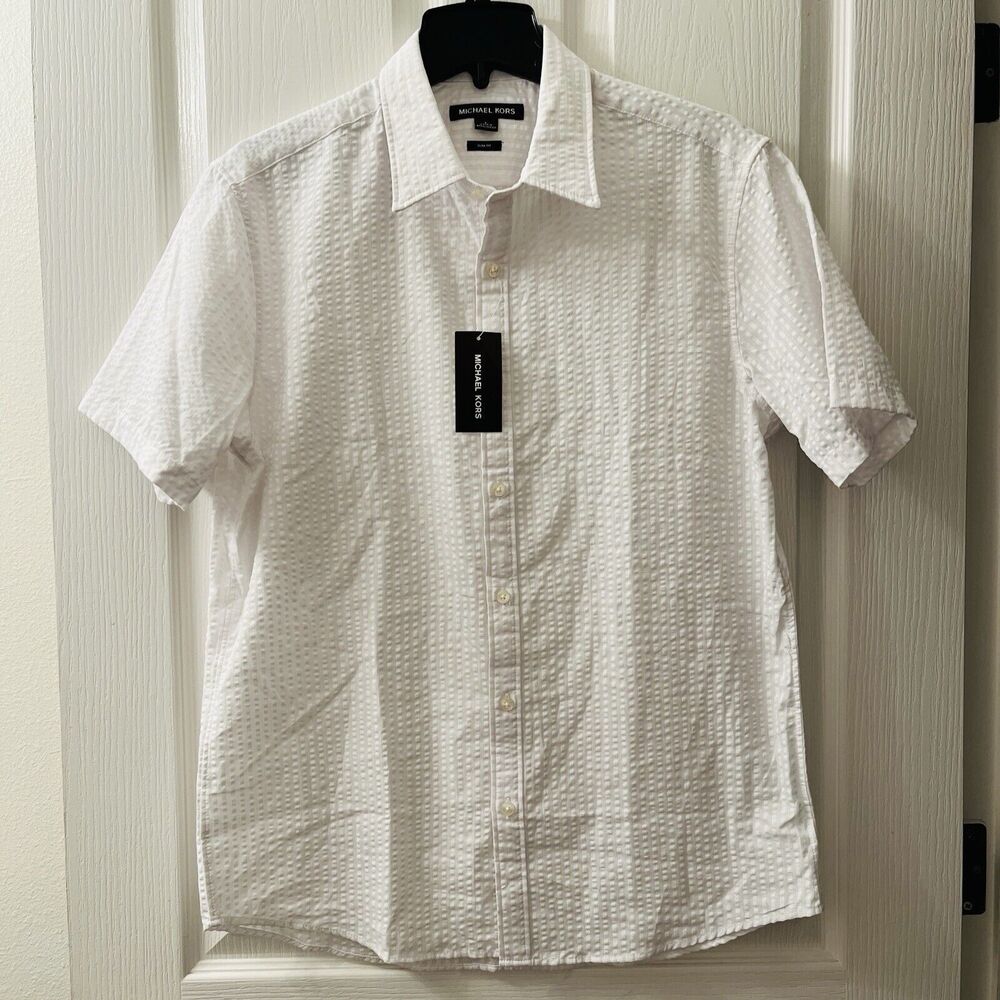 Michael Kors Men's Shirt XL Seersucker Button Down Short Sleeve White‎